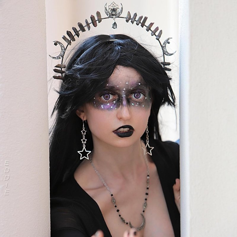 Goth Goddess Halo Crown - Black Moon Star Headband | Gothic Quartz Crystal Headdress for Festivals & Cosplay