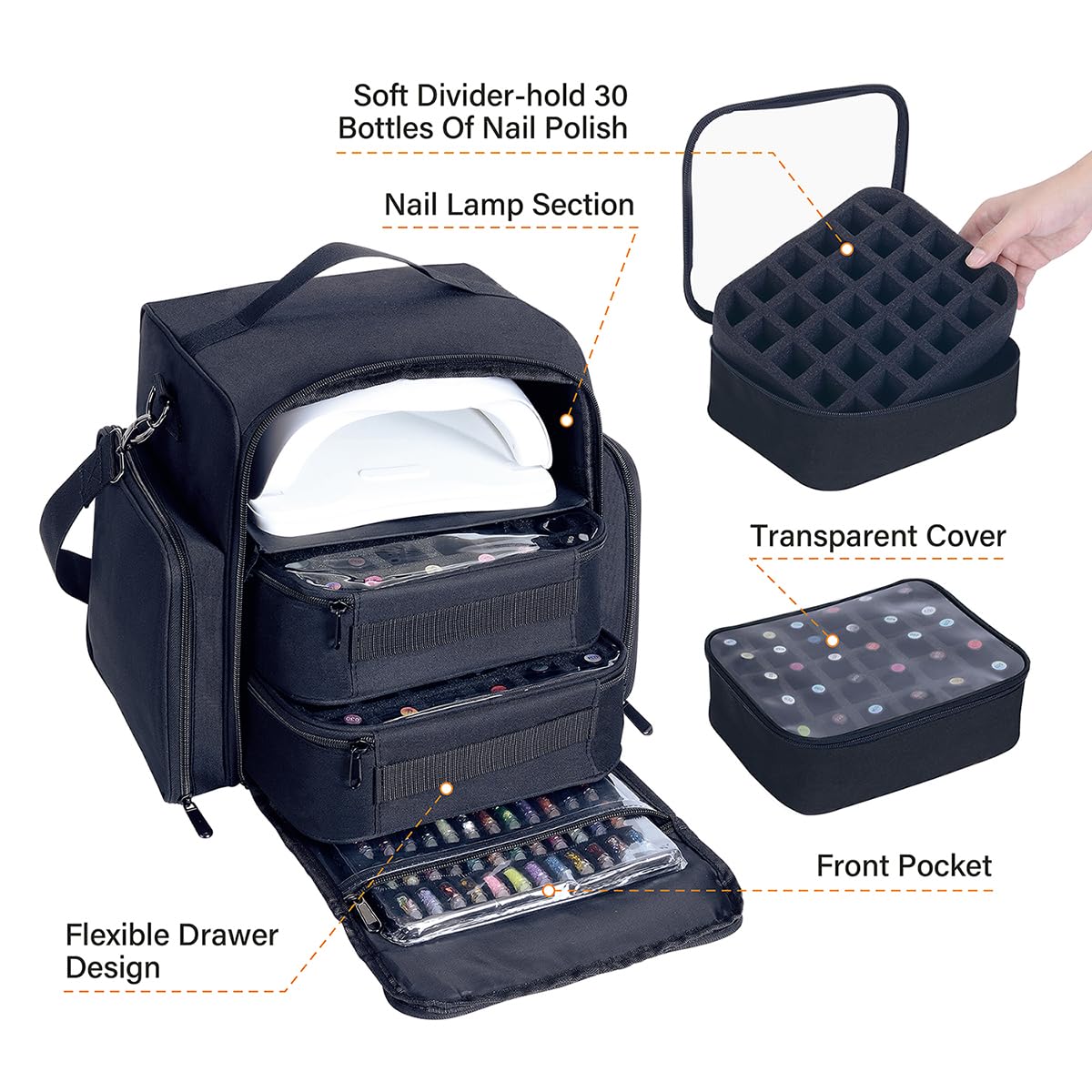 UOZL Nail Polish Organizer Case Holds 60 Bottles Portable Travel Storage Box with 2 Detachable Bags, Designed for Women's Nail Tools, Essential Oils and Cosmetics Sets Black