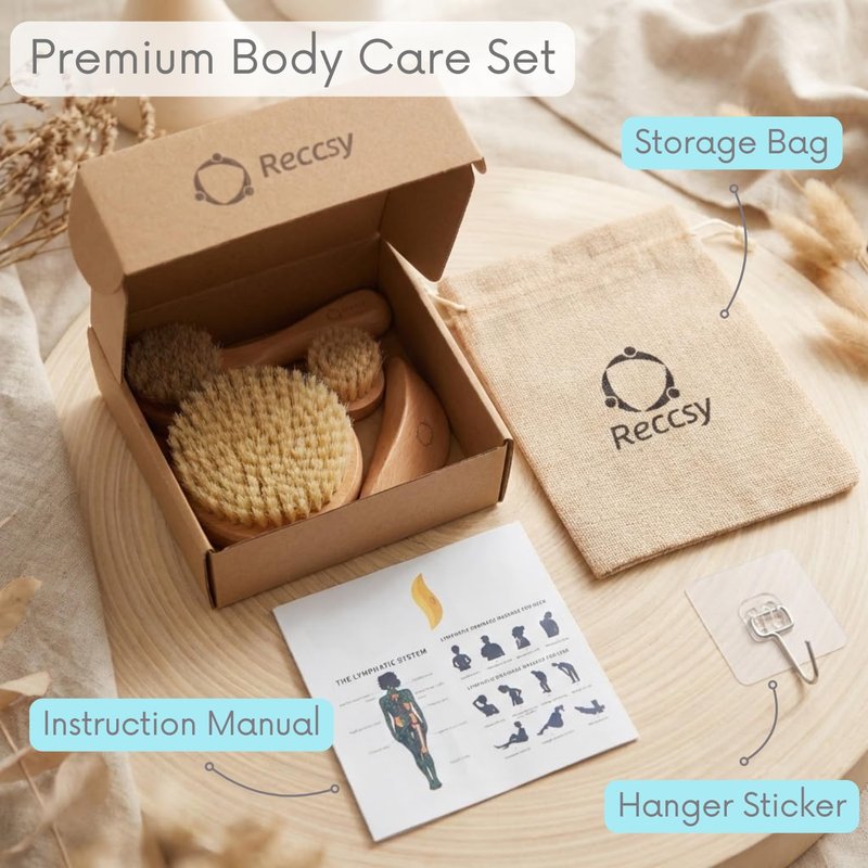 4pcs Dry Brushing Body Brush Set for Lymphatic Drainage-Natural Bristle Dry Skin Brush +Facial Dry Brush for Face+Dry Skin Exfoliating Scrubber+Wood Therapy Massage Tool. Gua Sha, Anti-Cellulite.