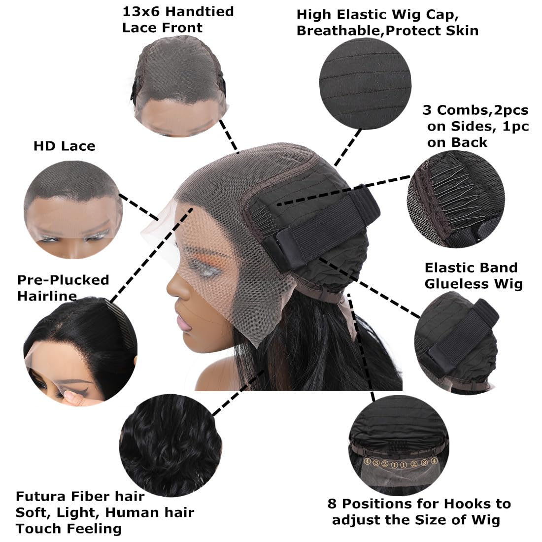 Lenaqueen HD LACE Front Wig Wavy 13X6 Glueless Synthetic Lace Front Wigs Synthetic Fiber Heat Resistant Synthetic Lace Wigs Pre-plucked Hairline Synthetic Wig for Black Women (Natural Black)