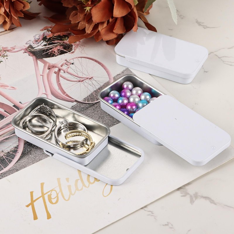 YAYODS 100 Pack Mini Tin Box Small Tin Containers with Slide Top Lids, Empty Mini Metal Tins with Lids for Storage Candies, Jewelry, Crafts, Pills, 2.36 X 1.3 X 0.4 (White)