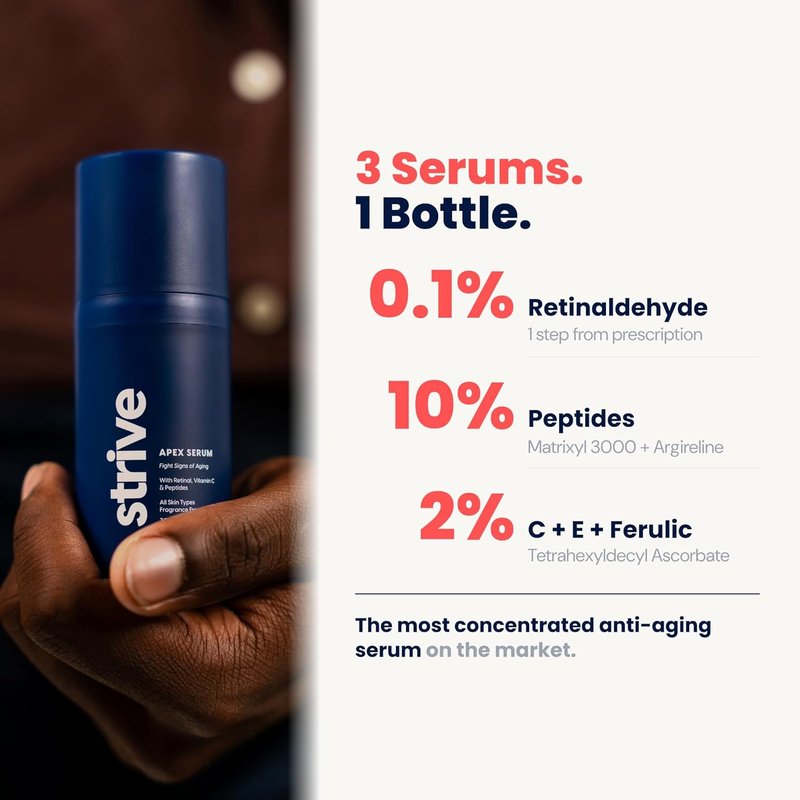 Strive Anti-Aging Retinal Serum | 0.1% Retinaldehyde, 10% Peptides, 2% Vitamin C - Brightening & Firming - 30mL