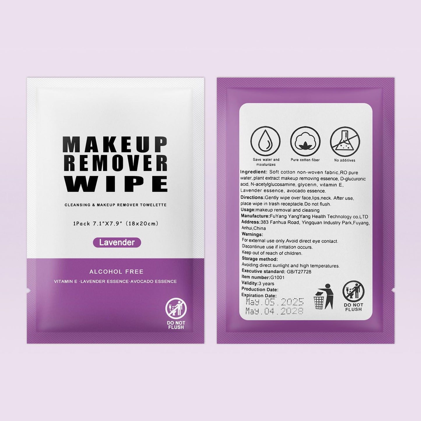 Pack of 50 Makeup Remover Wipes Individually Wrapped,Lavender Scent,Face Cleansing Wipes Bulk, Travel Towelette Makeup Remover Cloth for Face Cleansing Skin Care Remove Makeup