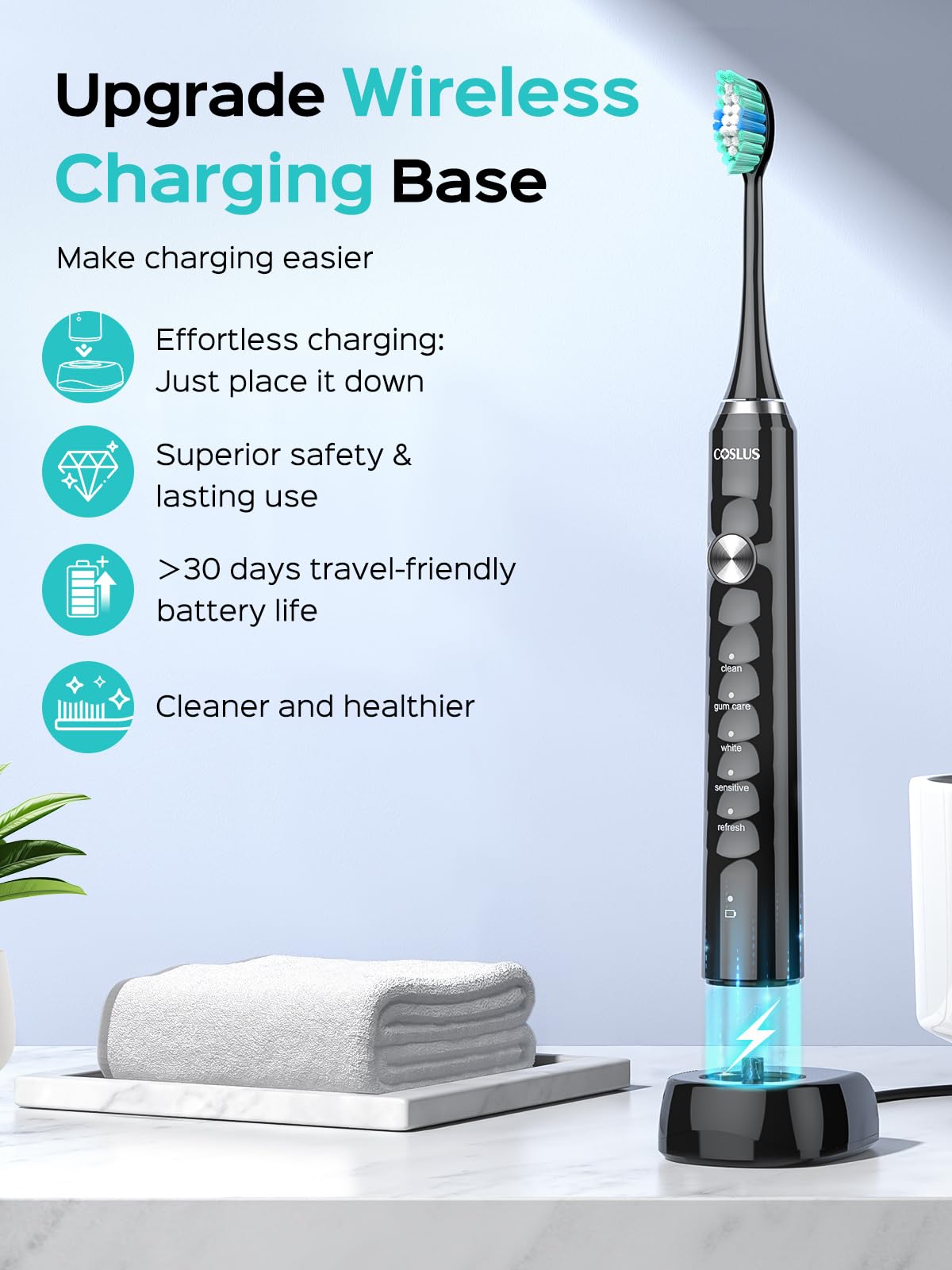 COSLUS Sonic Electric Toothbrush for Adults C40(DY-108Pro): 47000 VPM for Deep Cleaning with Travel Case - 5 Modes for Sensitive Teeth & Brace, Wireless Charging, 6 Brush Heads for Family, Black (1PC)