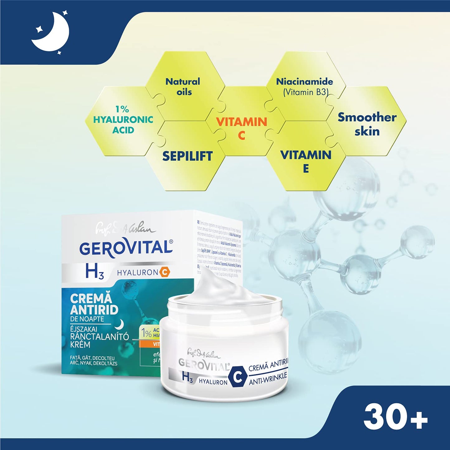 Gerovital Hyaluron C Anti-Wrinkle Night Cream - Hyaluronic Acid & Vitamins C/E | 50 ml for Dry/Normal Skin