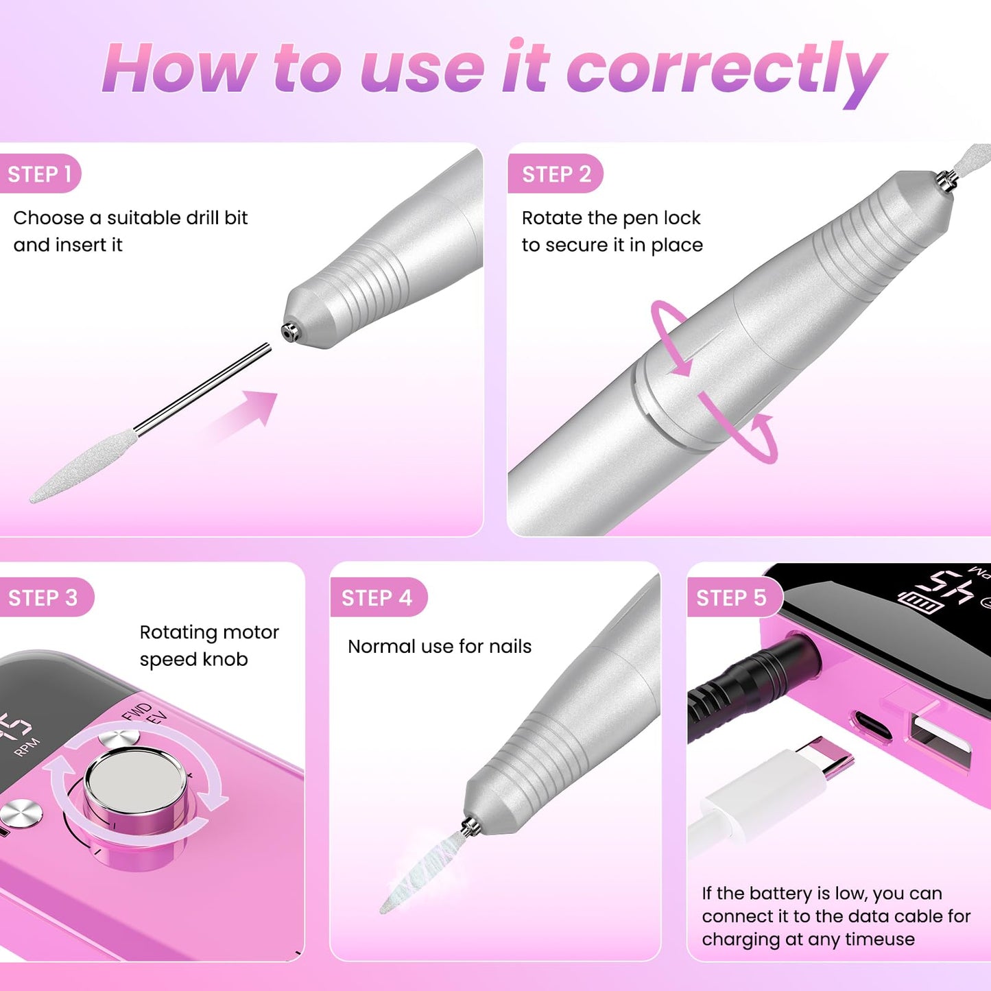 Portable Nail Drill Electric File: Cordless Nail Drills for Acrylic Nails Professional Rechargeable Nail Machine Kit Manicure Pedicure Tools Polishing Set for Shaping, Removing & Polishing Gel Nails