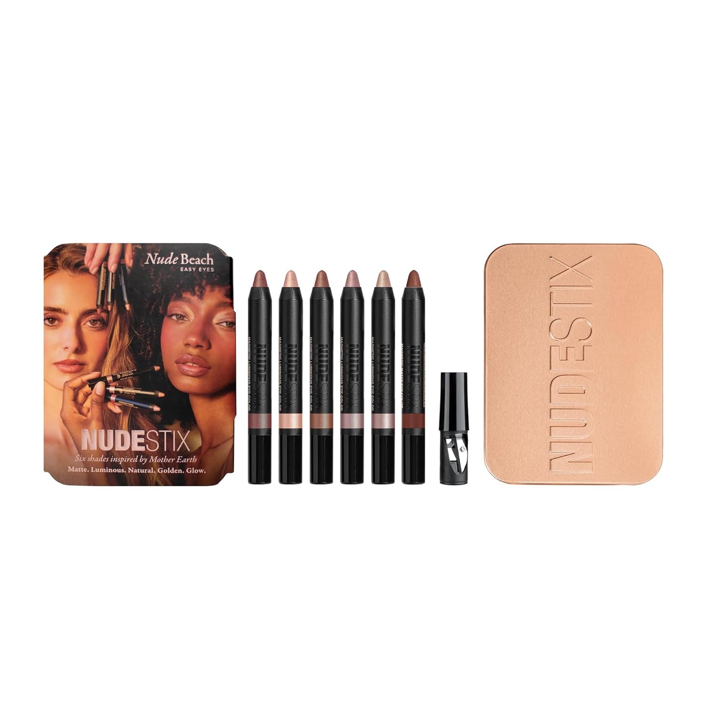 Nudestix Nude Beach Eye Palette - 6-Piece Cream Eyeshadow Crayon Set | Long-Wear Vegan Formula in Matte & Luminous Finishes | Collector Tin