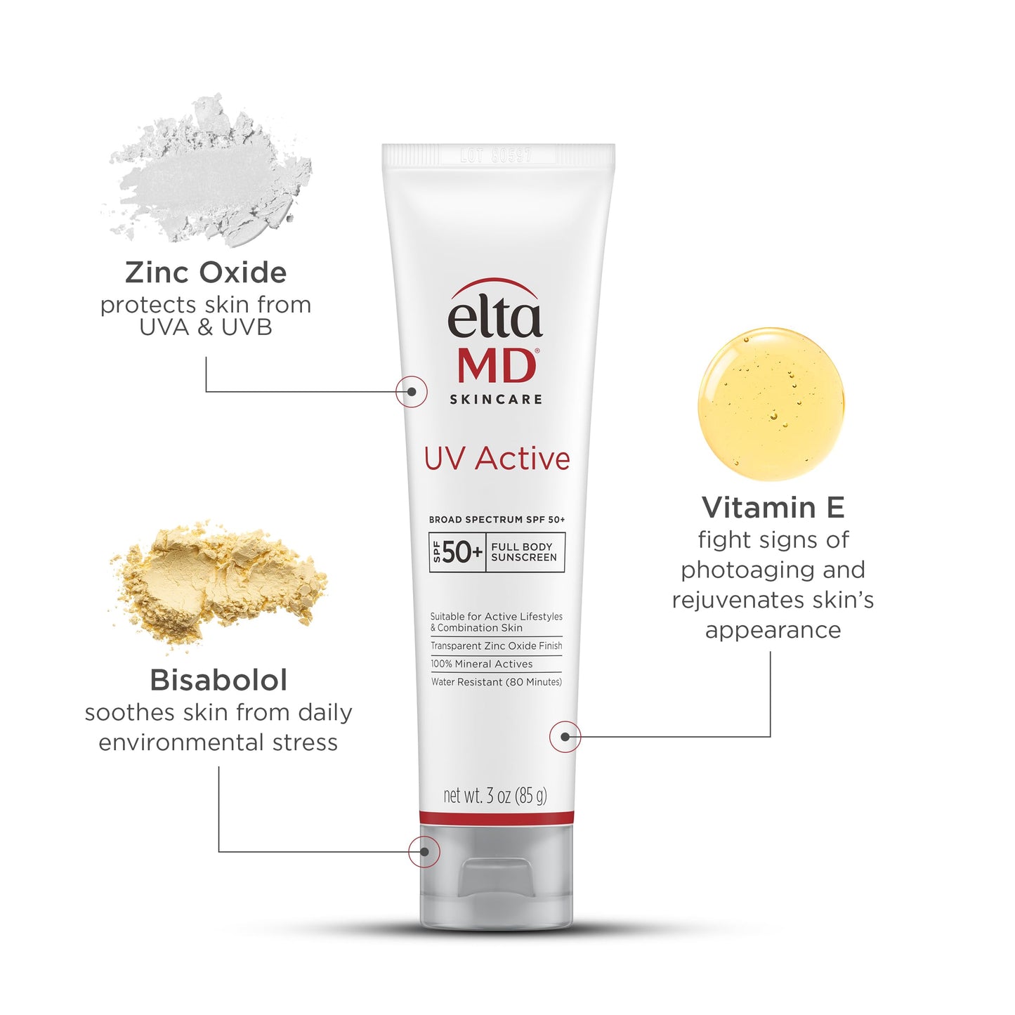 EltaMD UV Active 100% Mineral Sunscreen with Zinc Oxide, Water Resistant Sunscreen SPF 50+ Up to 80 Minutes, Oil Free SPF for Face and Body, 3.0 oz Tube