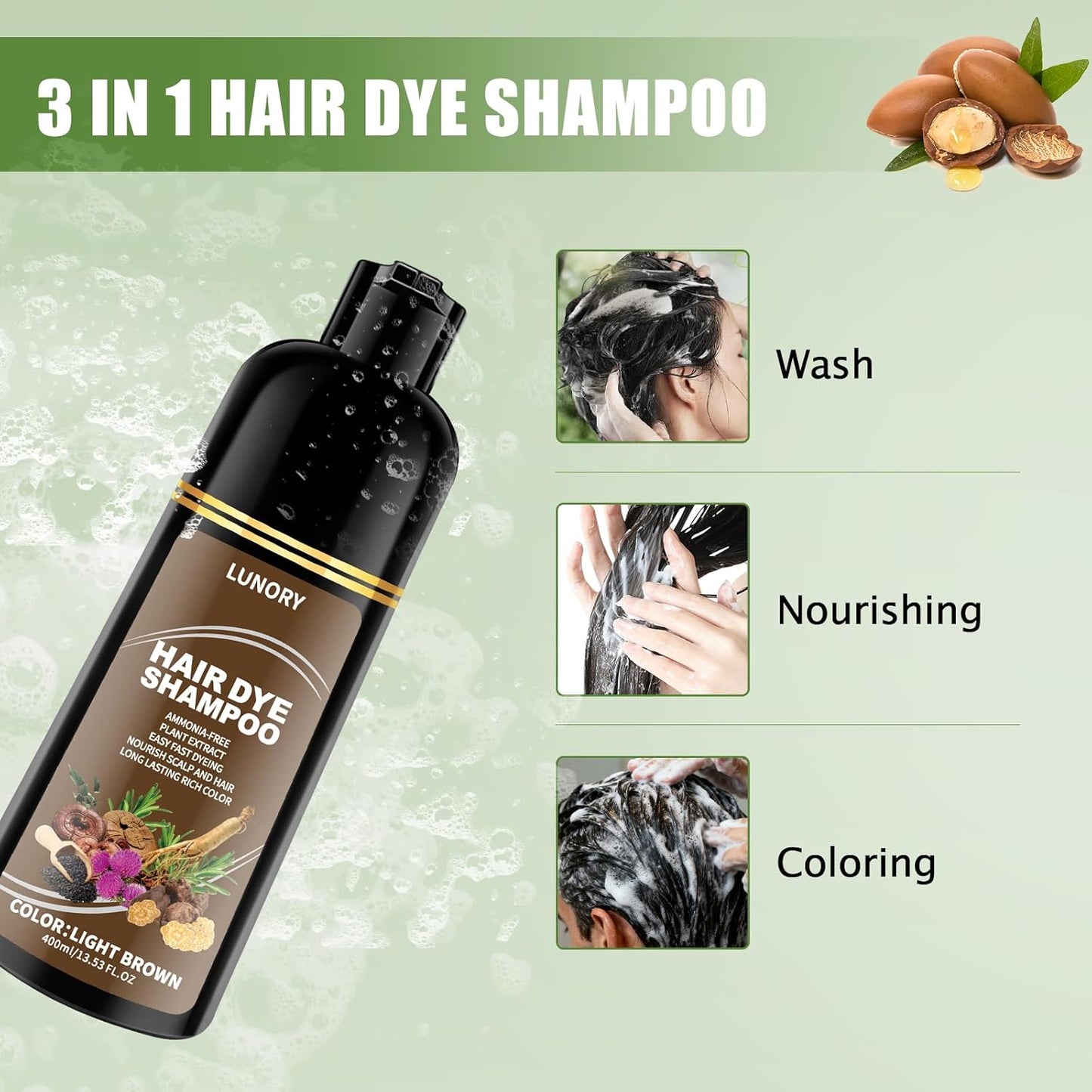 Light Brown Hair Dye Shampoo - 100% Gray Coverage, Argan Oil & Ginseng, Ammonia-Free | Long-Lasting Semi-Permanent Color for Men & Women
