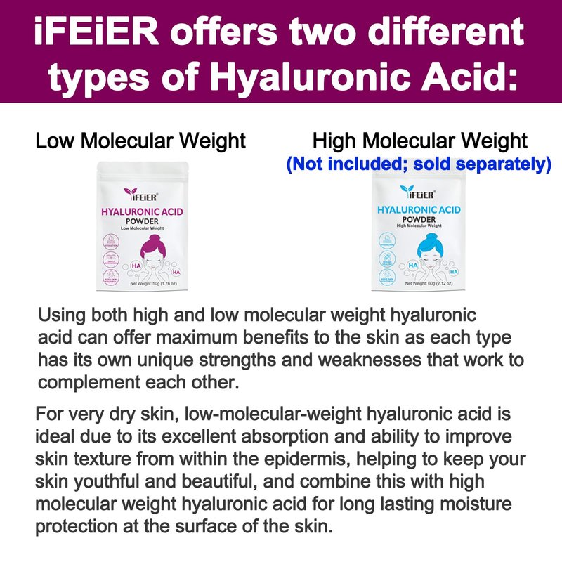 iFEiER Hyaluronic Acid Powder | Low Molecular Weight Hyaluronic Acid Powder | 50g(1.76oz) Cosmetics Grade | Sodium Hyaluronate HA | LMW HMW HA ingredient for DIY Serums