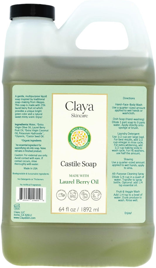 Liquid Castile Soap – Organic Ingredients, Biodegradable, Gentle for Sensitive Skin and Versatile Use (64 fl oz, Laurel Berry)