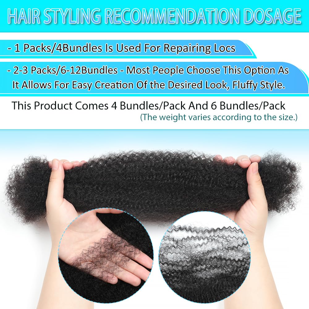 Afro Kinkys Bulk Human Hair 16 Inch 4 Bundles Afro Kinky-curly Human Braiding Hair Bulk for Spring Hair Twist Dreadlock Extensions Locs Braids Repair 70g Natural Color#