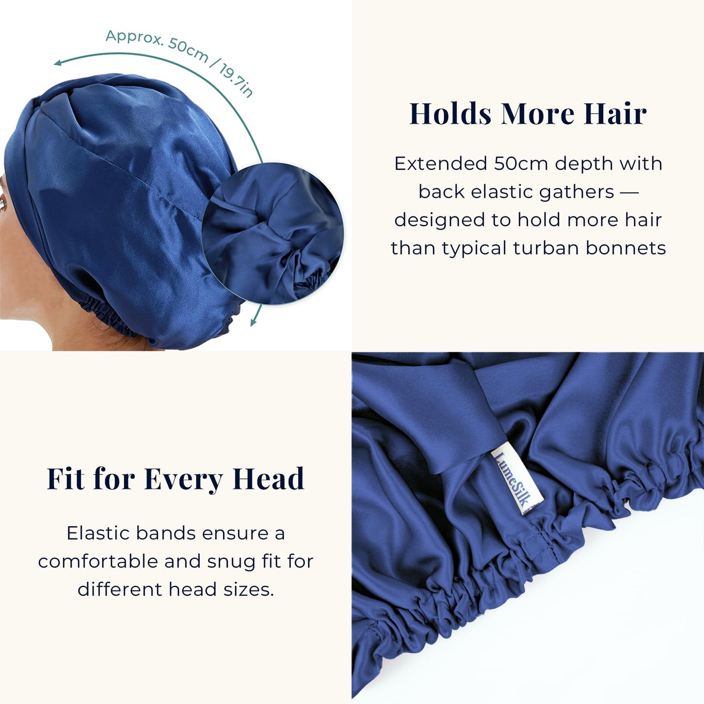 LumeSilk Mulberry Silk Bonnet, Double-Layered Hair Bonnet for Sleeping Women, Pure Silk Turban, Night Sleep Hair Wrap, Navy Blue