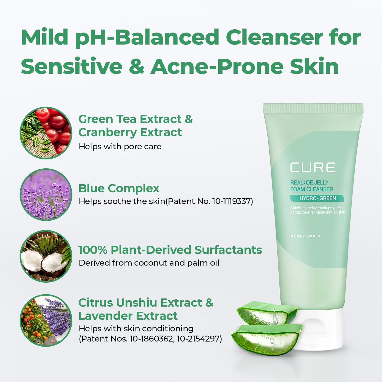CURE Aloe Vera Foam Cleanser – Hydrating Gentle Korean Face Wash with Aloe & Centella for Sensitive Skin, Pore Care & Deep Cleansing, 3.38 fl oz