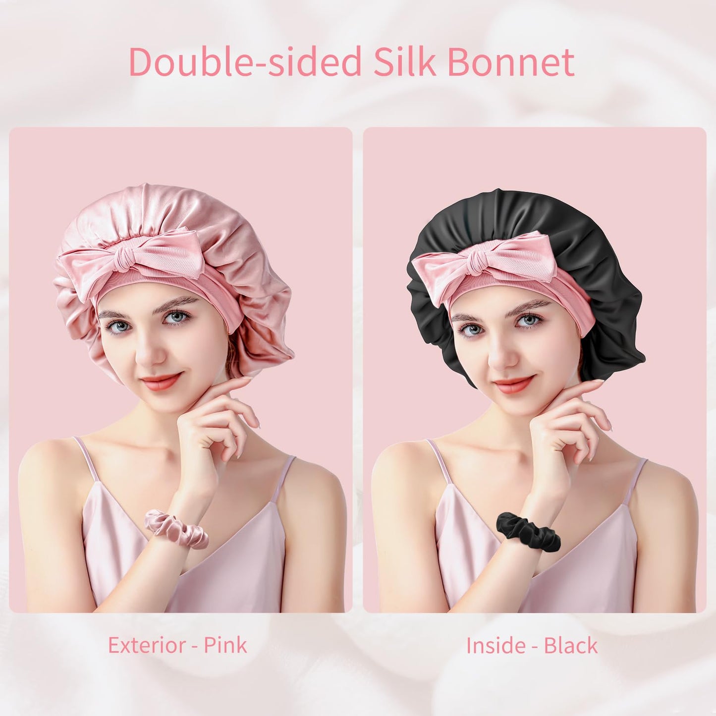 Silk Bonnet for Sleeping Women, 22 Momme 100% Mulberry Silk Sleep Cap with 2 Matching Silk Scrunchies, Double-Sided Wearable Hair Bonnet for Night Hair Care and All Hair Types - Lotus-root Pink