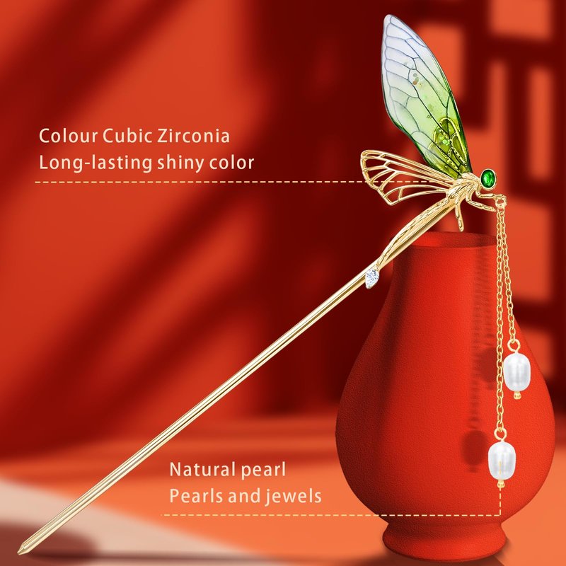 KZQtriid Hair Accessories，14k Gold Plated Copper，Vintage Handcrafted，Colour Enamels Green Dragonfly Tassels Hair Stick，5.90"Hair Clip.Hair Chopsticks For Women
