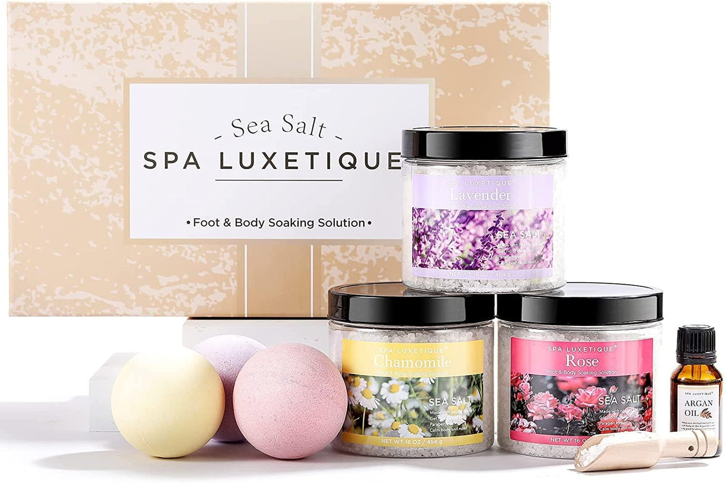 Spa Luxetique Bath Salts Gift Set - 8pcs Epsom Salt Soaking Set with Argan Oil, Lavender & Rose Scents | Perfect for Mother's Day & Christmas Gifts