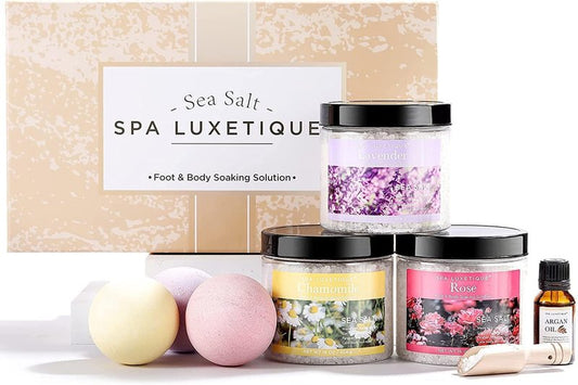 Spa Luxetique Bath Salts Gift Set - 8pcs Epsom Salt Soaking Set with Argan Oil, Lavender & Rose Scents | Perfect for Mother's Day & Christmas Gifts
