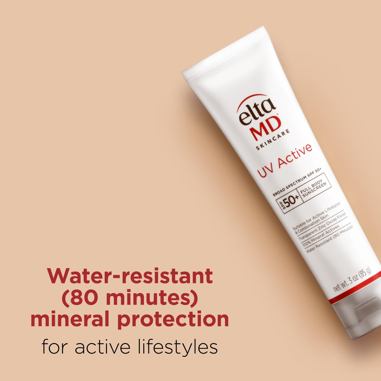 EltaMD UV Active 100% Mineral Sunscreen with Zinc Oxide, Water Resistant Sunscreen SPF 50+ Up to 80 Minutes, Oil Free SPF for Face and Body, 3.0 oz Tube