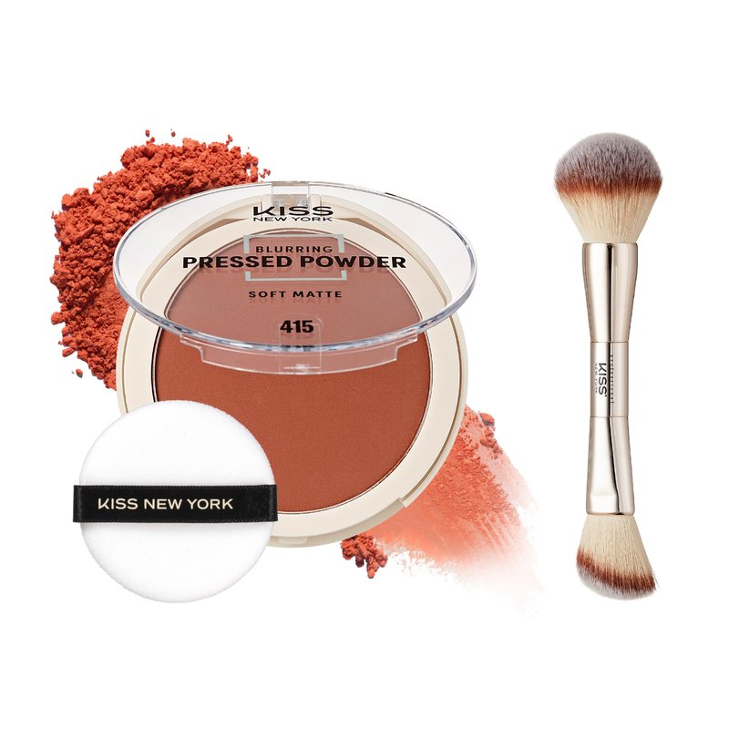 KISS NEW YORK Soft Matte Pressed Powder (Mocha) with Dual Ended Powder Brush Set, Blurring Poreless Face Powder Makeup, Medium Coverage Setting Powder Infused with Salicylic Acid & Niacinamide