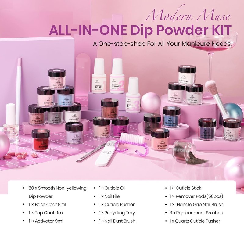 Beetles Dip Powder Nail Kit - 20 Colors Including Nude, Pink & Blue Glitter | Complete Manicure Set with Base, Top Coat & Activator