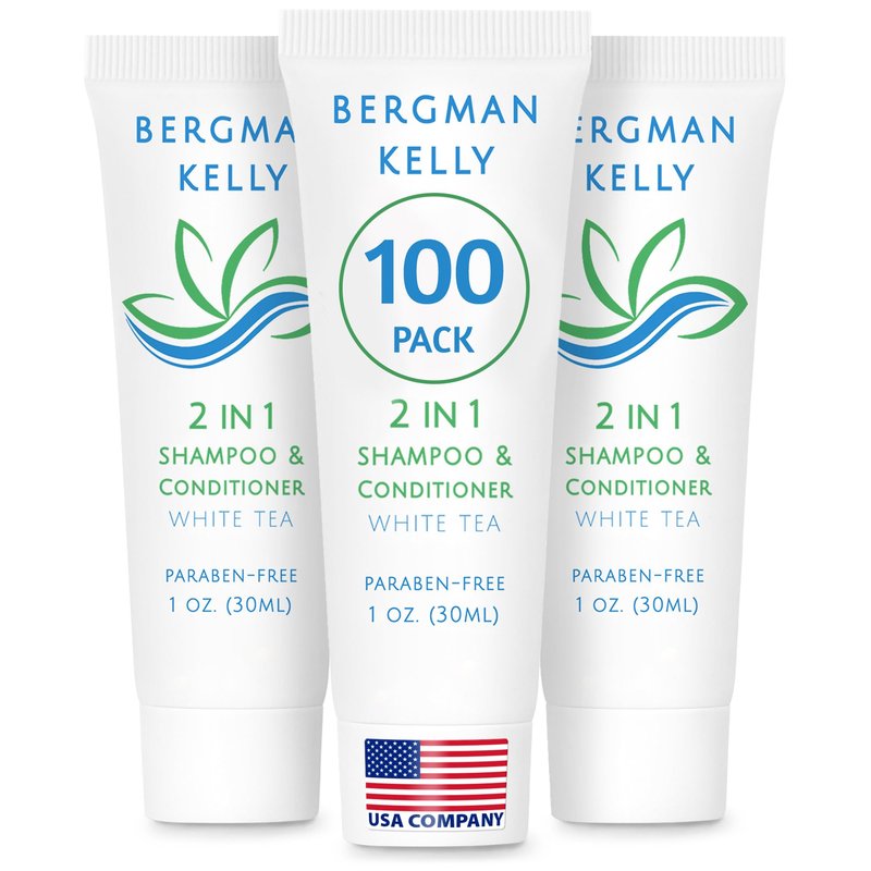 BERGMAN KELLY - Travel Size 2 in 1 Shampoo & Conditioner - 1 fl oz, 100 PK, White Tea - Delight Your Guests w/Revitalizing & Refreshing Shampoo Amenities, Quality Small Size Hotel Toiletries in Bulk