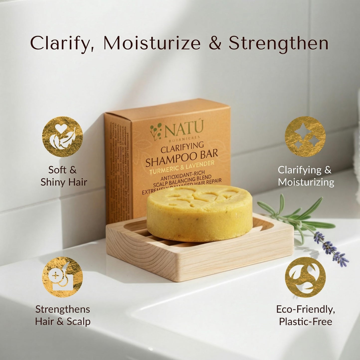 NATÚ BOTANICALS Clarifying Shampoo Bar - Strengthening Solid Shampoo Bar with Turmeric, Lavender and Cocoa Butter for Strengthening and Hair Repair - Sulfate Free for Silky Shine & Paraben Free 2.3oz