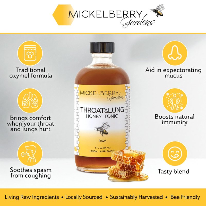 Mickelberry Gardens Throat & Lung Honey Tonic: Wellness Syrup, Natural Sore Throat Relief, Immune Support & Cough Suppressant for Adults & Kids (8 oz)