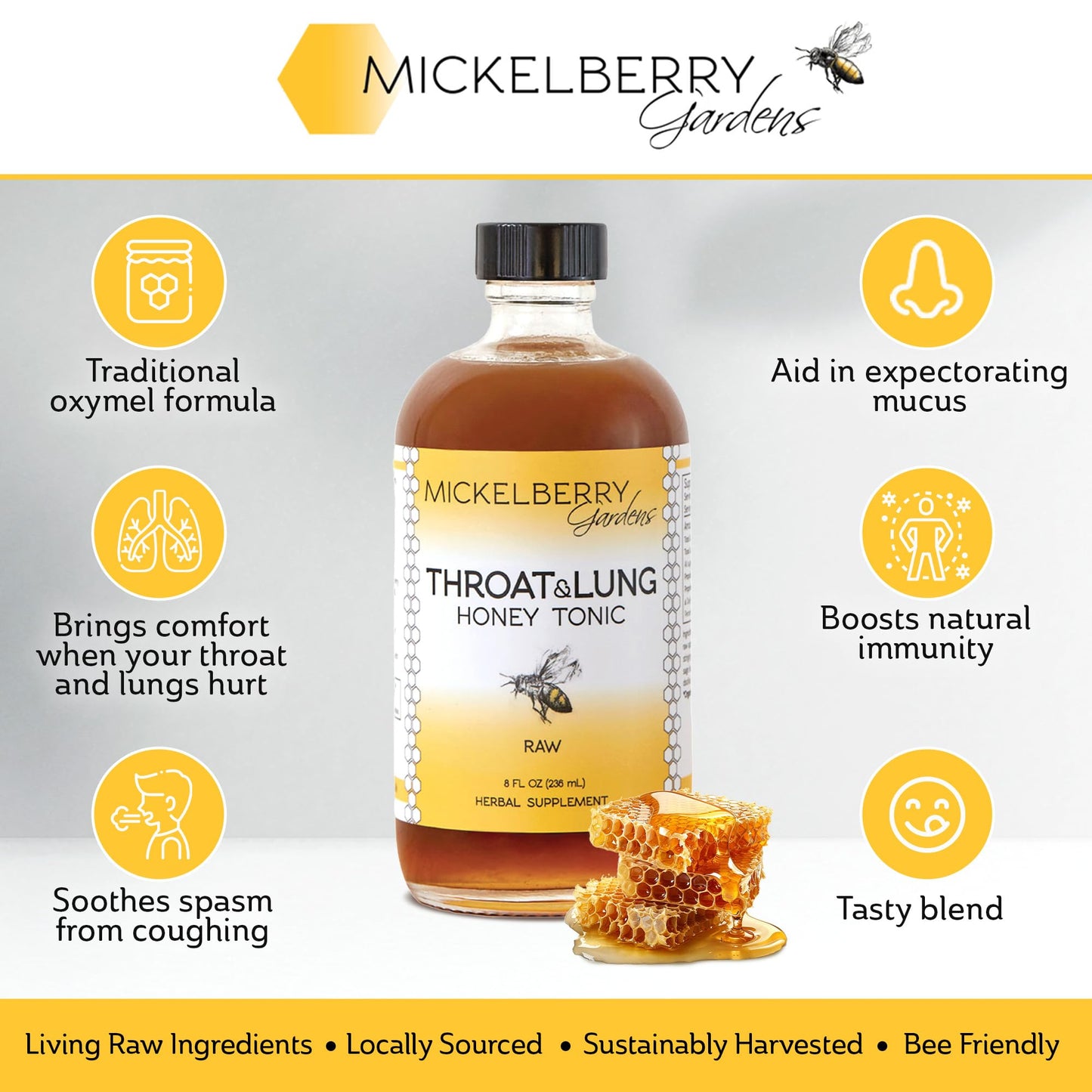 Mickelberry Gardens Throat & Lung Honey Tonic: Wellness Syrup, Natural Sore Throat Relief, Immune Support & Cough Suppressant for Adults & Kids (8 oz)