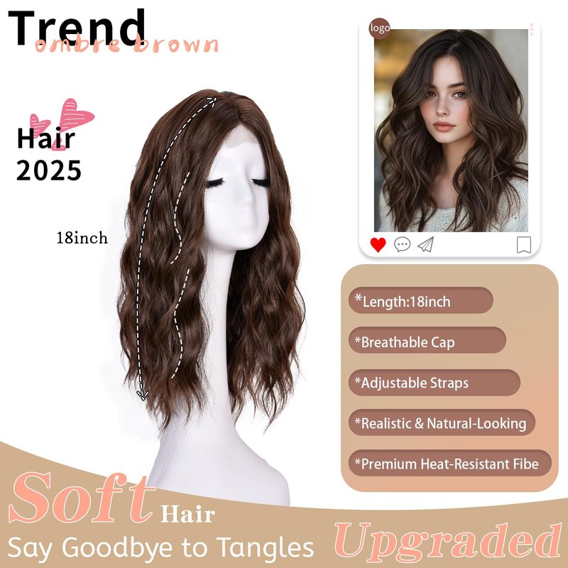 ANNISOUL Brown Short Wavy Wigs for Women 18Inch Bob Wave Wig Middle Part Synthetic Lace Front Natural Hairline Hair for Daily Party Use