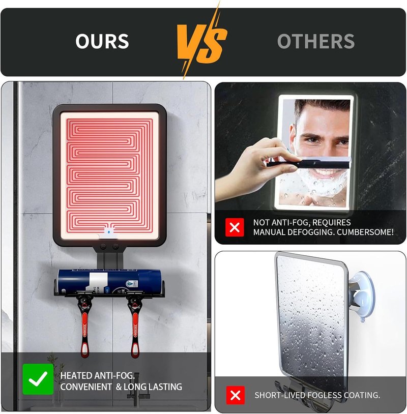 Fogless Shower Mirror for Shaving - LED Light, Dimmable Brightness | Strong Adhesive Backing, 3-Color Options