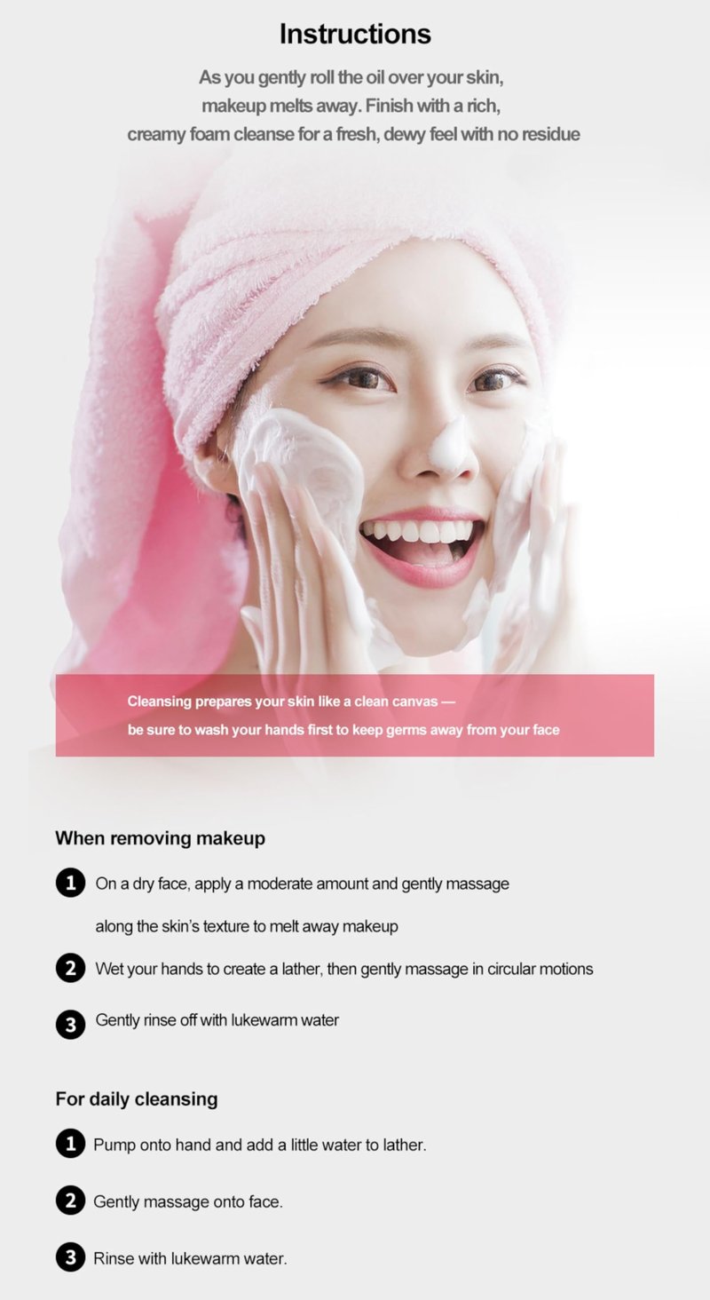 Oil to Foam Cleanser, 120ml, Gentle Korean face wash for daily makeup removal. Refreshes, and deeply cleanses pores. Soap-free, non-drying, safe for sensitive skin. Removes makeup and impurities.