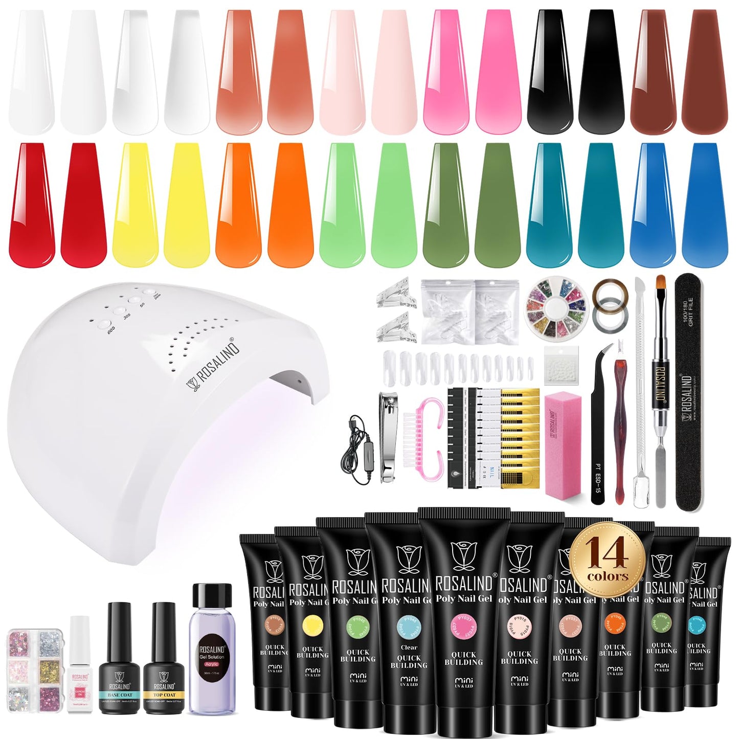 ROSALIND Poly Nail Gel Kit, 14 Colors Clear Nude Glitter Poly Nail Gels Kit with U V Light Poly Nails Gel Starter Kits For All Seasons Beginner DIY at Home