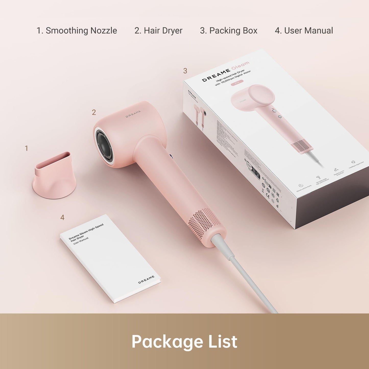 Dreame Gleam Hair Dryer for Women – Powerful Fast Drying, Lightweight, 200M Negative Ions for Frizz-Free Shine, Low Noise, Intelligent Temperature Control, 4 Temp Settings, Compact & Ergonomic Design