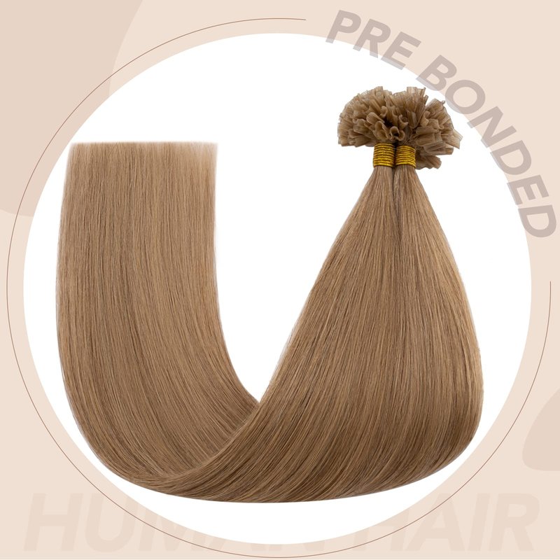 U Tip Human Hair Extensions Pre Bonded Nail Tipped Real Human Hair Piece Italian Keratin U Tip Fusion Extensions Silky Straight 100 Strands 16"-50g (#12 Golden Brown)