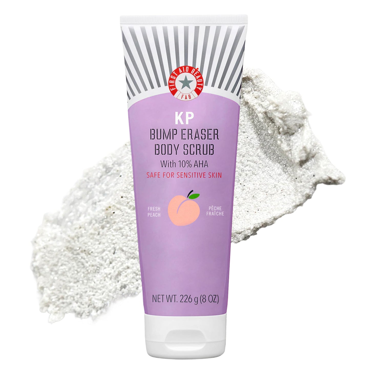 First Aid Beauty - KP Bump Eraser Body Scrub with 10% AHA, Keratosis Pilaris Exfoliator with Glycolic and Lactic acids, Helps Reduce Chicken Skin Bumps, Safe for Sensitive Skin, Peach Scent (8 oz)