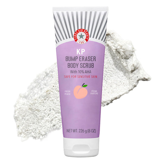 First Aid Beauty - KP Bump Eraser Body Scrub with 10% AHA, Keratosis Pilaris Exfoliator with Glycolic and Lactic acids, Helps Reduce Chicken Skin Bumps, Safe for Sensitive Skin, Peach Scent (8 oz)