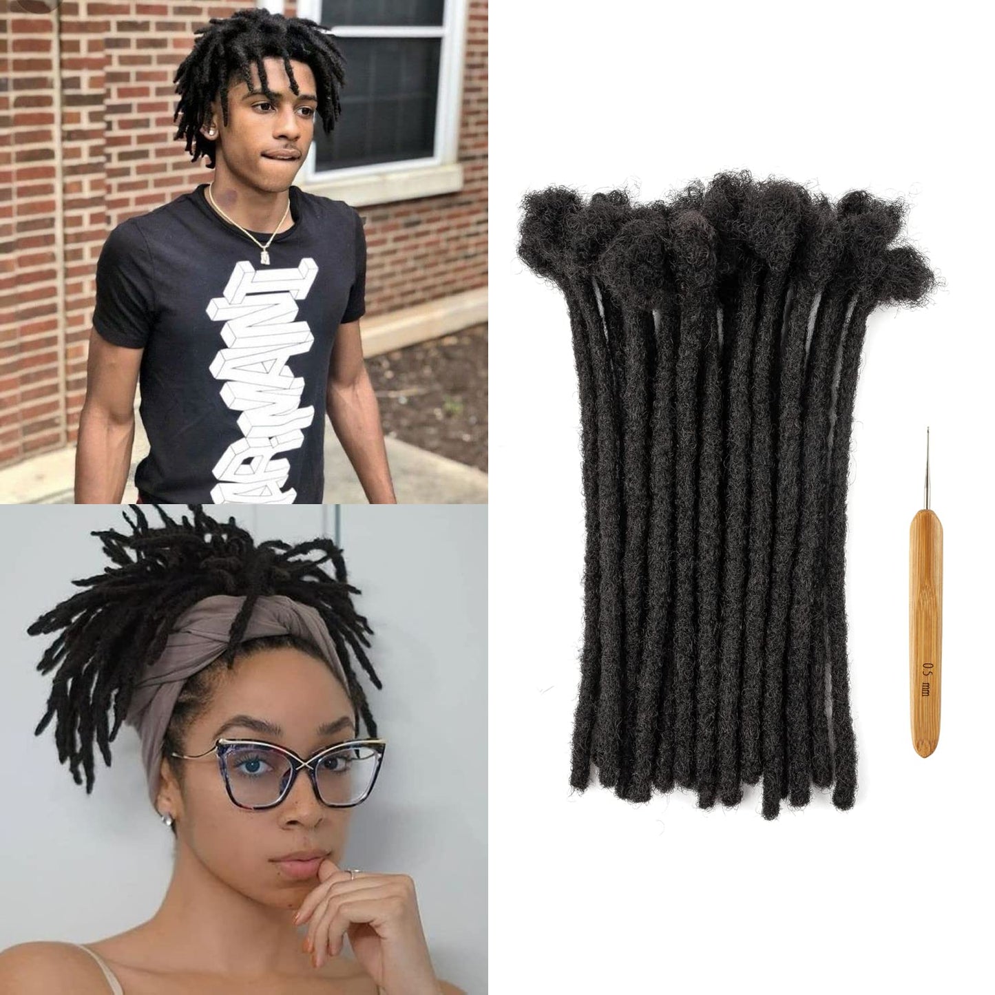 Real Human Hair Dreadlock Extensions - 8 Inch, 0.6cm Thickness | 20 Strands in Natural Black