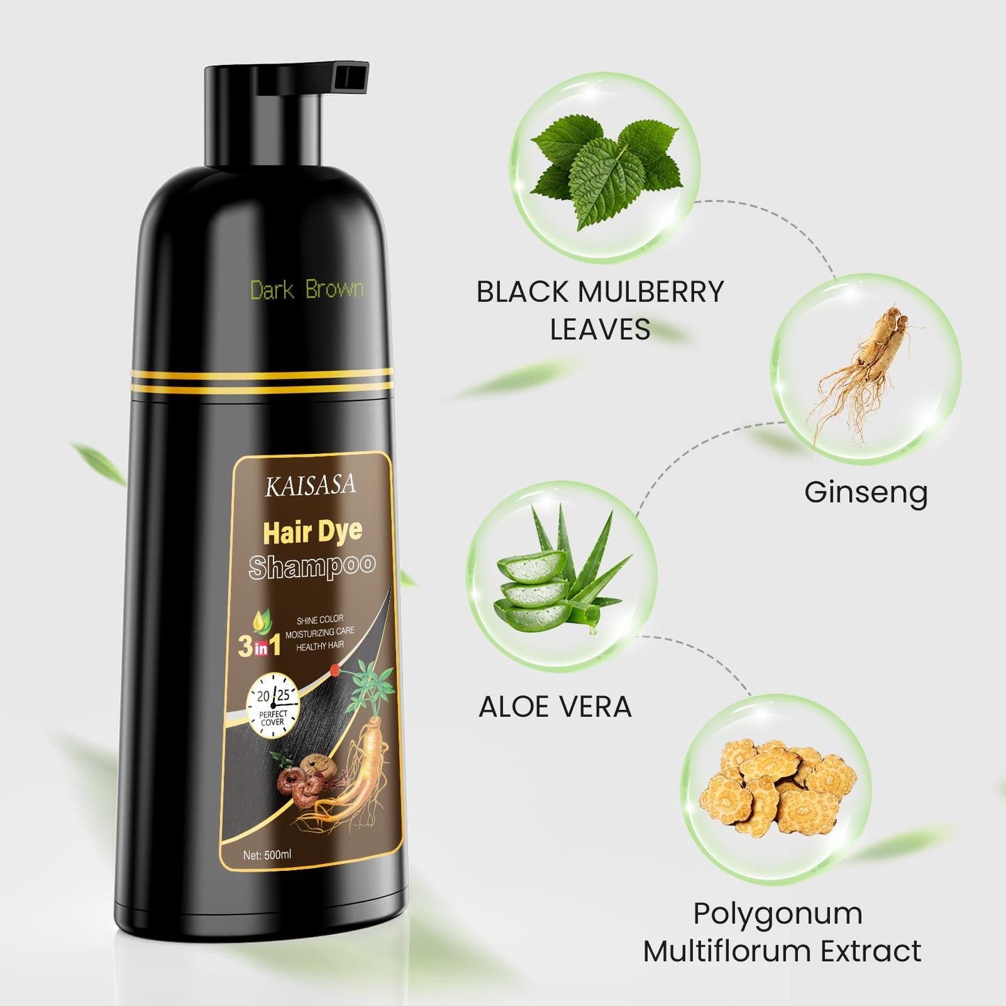 KAISASA Dark Brown Hair Dye Shampoo 3 in 1, Hair Color Shampoo for Women and Men, Hair Dye to Cover Gray Hair, Herbal Ingredient Shampoos for Grey Hair Coverage 500ml (Dark Brown)