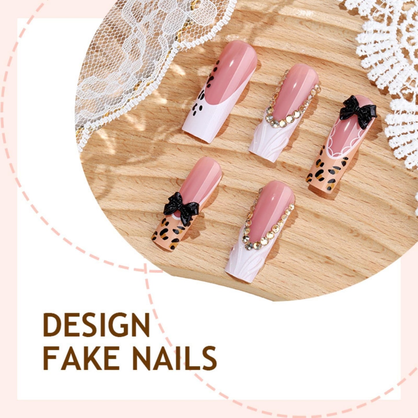 OCTOSWAVE Long Square Press on Nails - Leopard & 3D Black Bow French Tip Nude Pink Acrylic Glue on Nails, 24 Pcs Y2K Trendy Fake Nails for Women