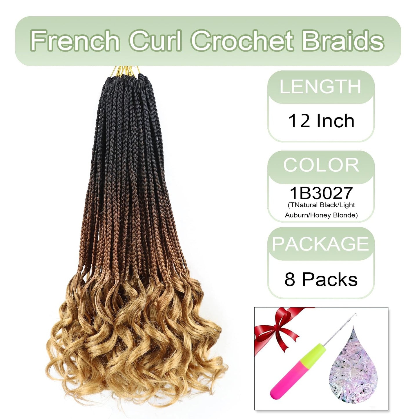 French Curl Braiding Hair Crochet Braids 8 Inch Pre Looped Goddess Box Braids Crochet Hair with Curly Ends Crochet Hair for Black Women (T1B/30/27)