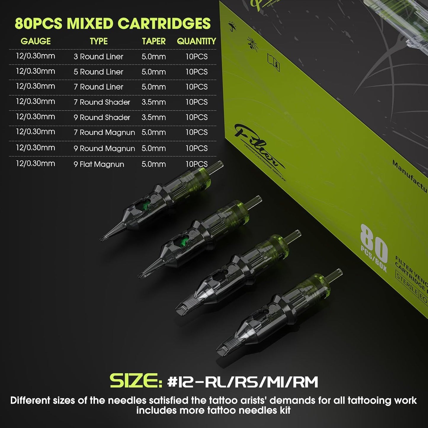 Tattoo Cartridge Needles - Assorted 80Pcs #12 (3RL, 5RL, 7RL, 9RS) | Standard Needles for Tattoo Pen Machine