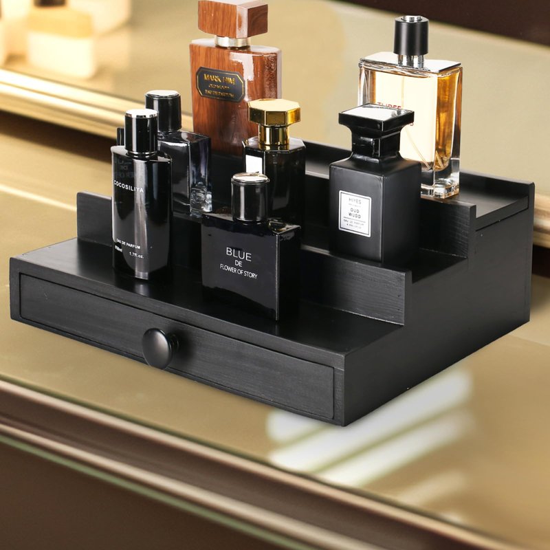 Fengligoo Black Wooden Cologne Organizer for Men - 3 Tier Wooden Perfume Display Stand with Drawer and Hidden Compartment for Organizing and Storing, Cologne Holder Shelf for Dresser