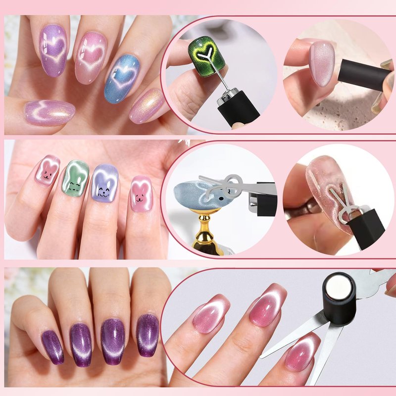WOKOTO 2 PC Strong Magnetism Cat Eye Magnets With 9 Pcs Iron Stencils For Nails, Cylinder & Rectangular Bar Nail Magnet With Rubber Cover, French Smile Line, Heart And Bunny Stencils Magnet Tools Set