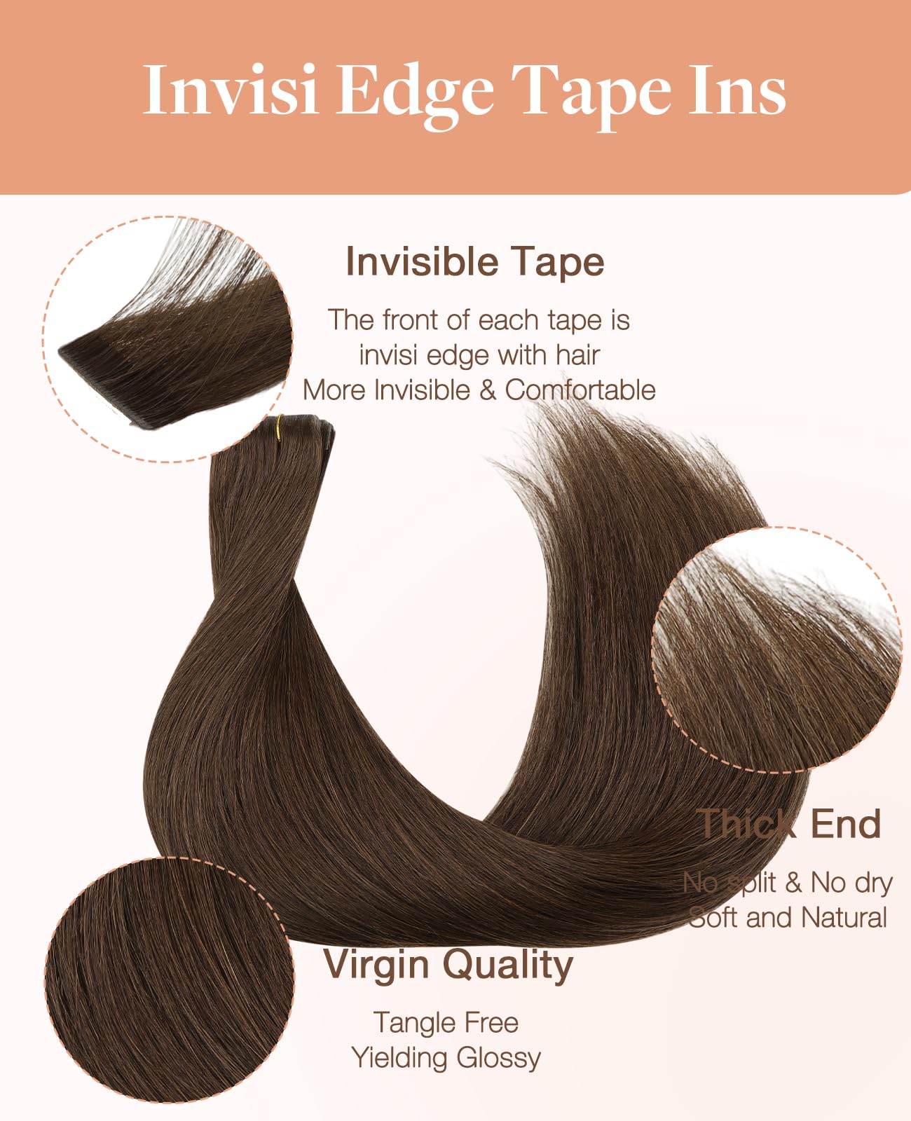 GOO GOO Invisi Edge Tape in Hair Extensions Human Hair, 4A Chocolate Brown, 6pcs 20inch 18g, Virgin Remy Hair, Seamless Injected Tape, Natural Look