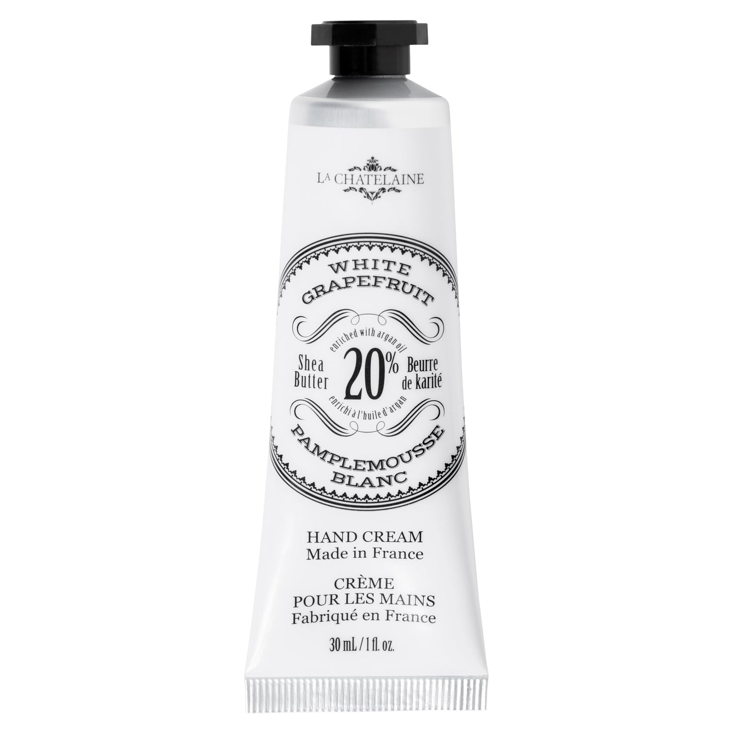 La Chatelaine 20% Shea Butter Hand Cream Travel Size, Organic Argan Oil, Moisturizing, Nourishing, Repairing, Extra-Rich Hand Lotion, Made in France, Paraben Free, 1 oz / 30ml (White Grapefruit)