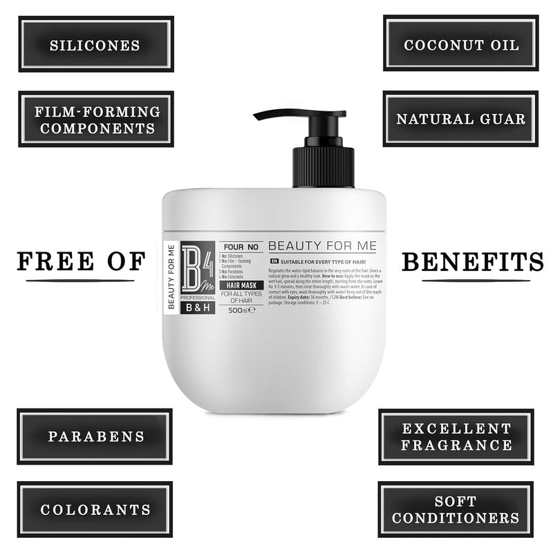 B4Me Professional Silicone-Free Hair Mask - Hydrating & Strengthening Treatment for All Hair Types | 500ml / 16.9 fl oz