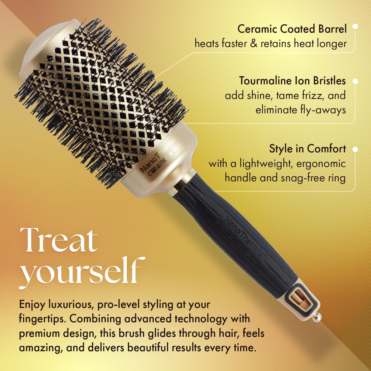 Olivia Garden NanoThermic Ceramic + Ion Round Thermal Hair Brush - Not Electrical - Professional Blowout Brush for Normal to Thick Hair, NT-54G 2 1/8"