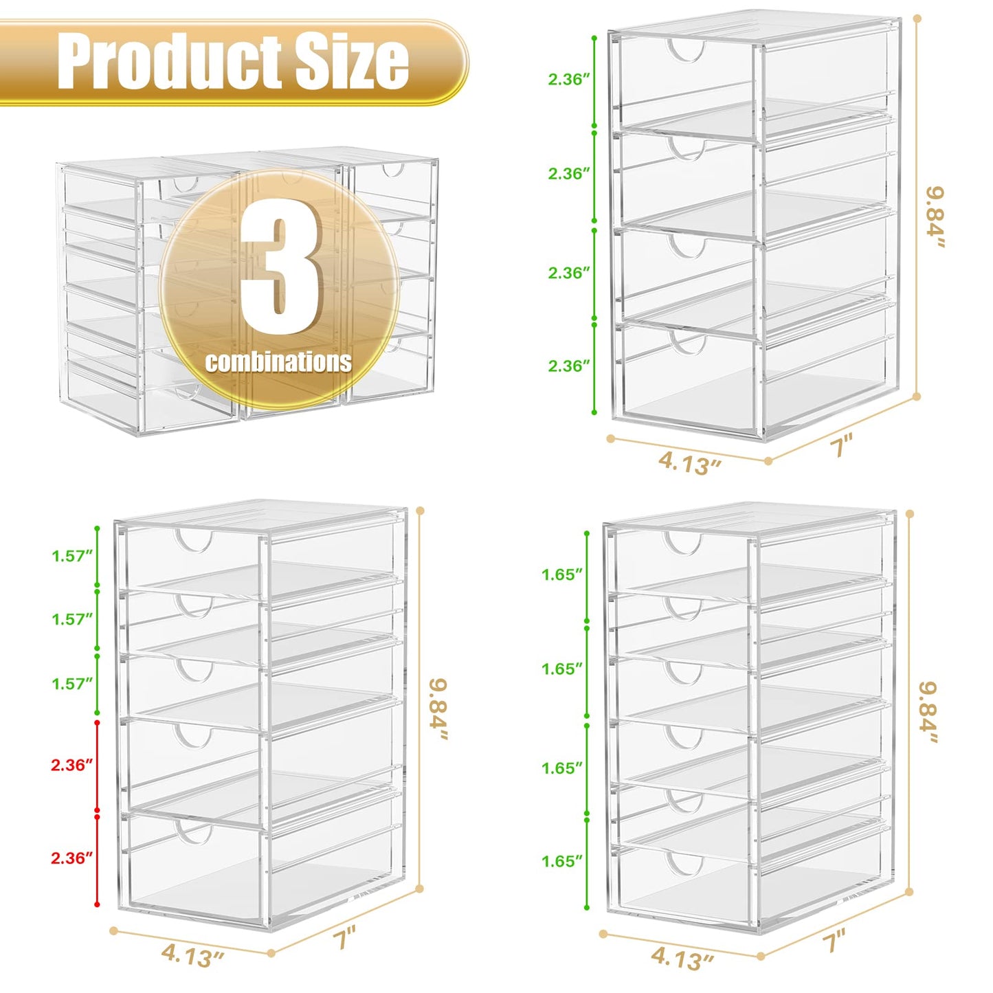 Acrylic 3 Pack Desk Organizers and Accessories, Makeup Organizer Storage With 15 Drawers, Desk Organizers, Dustproof Drawer Organizer and Storage for Make Up, Jewelry, DIY Pen