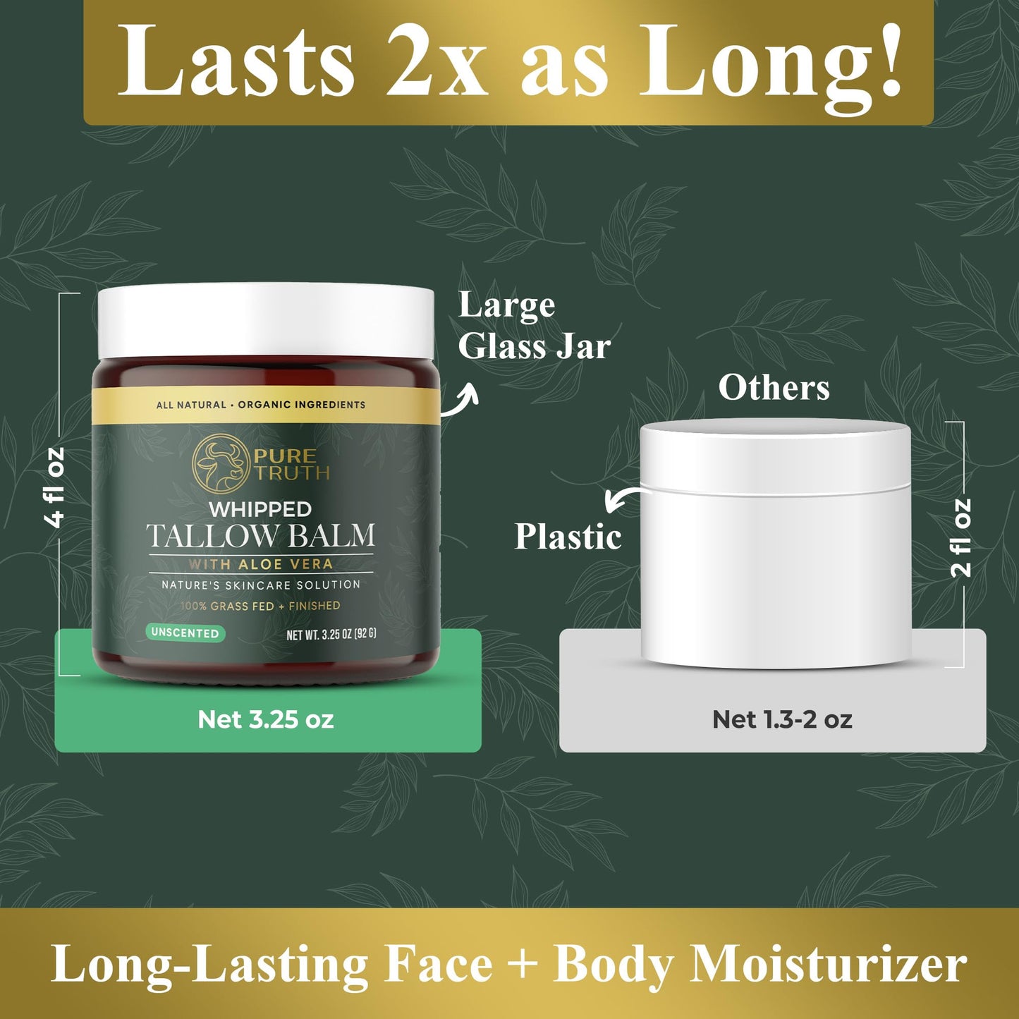 Pure Truth Whipped Tallow and Honey Balm (Unscented), Beef Tallow for Skin Care, Grass Fed + Finished Tallow Moisturizer Cream for Face & Body w/Organic Honey, Aloe Vera, Jojoba Oil, Men Women 3.25oz